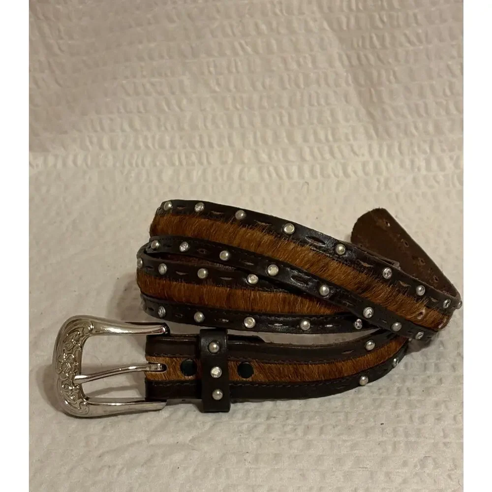 VTG Mexican Made XL Brown Hair on Hide Leather Belt With Studs and Rhinestones